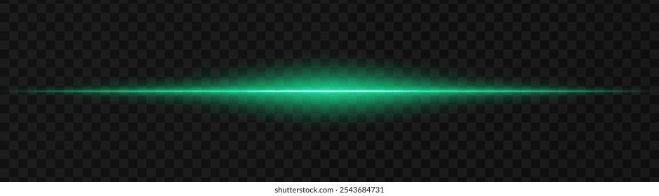 Vibrant green horizontal light beam on a dark, transparent background, perfect for sci-fi, digital graphics, or neon effects. Reflection, spotlight, wallpaper