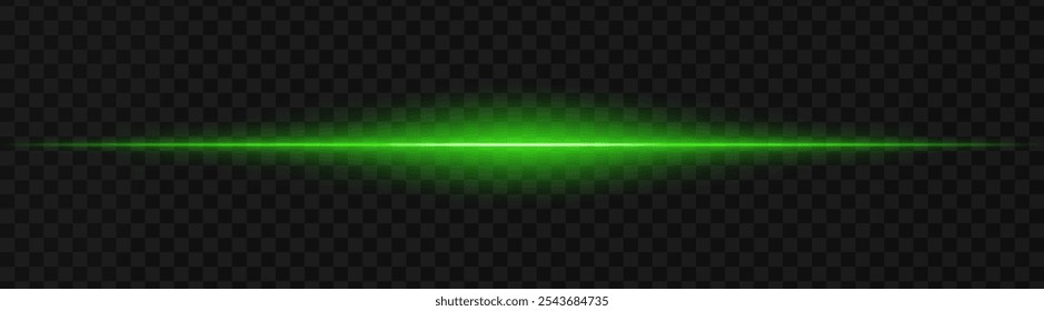 Vibrant green horizontal light beam on a dark, transparent background, perfect for sci-fi, digital graphics, or neon effects. Reflection, spotlight, wallpaper