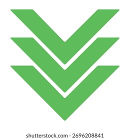 Un icono verde vibrante con tres flechas de chevron apiladas apuntando hacia abajo. Se usa comúnmente como símbolo universal para descargar, expandir contenido o desplazarse.

