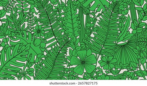 Lebendige grüne Dschungel Blattmuster mit exotischen Blumen und tropischen Blättern