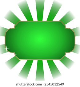 A vibrant green label with a thin gold border is centered on a white background with green sunburst rays emanating outwards.