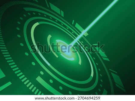 A vibrant green laser beam strikes the center of a futuristic design, creating an engaging abstract backdrop. Ideal for technology and digital concepts.
