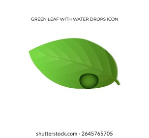 Vibrant green leaf icon adorned with dew drops, representing a revitalized environment and organic beauty.