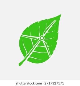 Un vibrante icono de hoja verde con un diseño integrado de turbina eólica, que simboliza la energía renovable, la sostenibilidad ambiental y las soluciones tecnológicas ecológicas.