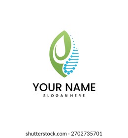 Un vibrante logotipo de hoja verde presenta una forma de gota blanca y una estructura de hélice de ADN azul, que simboliza la naturaleza, la biología y la salud.