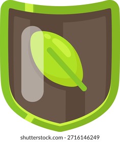 Uma vibrante folha verde é exibida de forma proeminente dentro de um forte escudo, simbolizando a proteção ambiental, o equilíbrio ecológico e a salvaguarda da natureza.