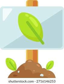 Uma folha verde vibrante é proeminentemente exibida em um poste de sinalização, enraizada em solo marrom rico com brotos verdes minúsculos emergindo, representando novos começos e temas ambientais.