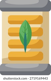 Uma vibrante folha verde é exibida de forma proeminente contra um pano de fundo de barras horizontais amarelas, todas envoltas em um recipiente cinza elegante, simbolizando a natureza e a energia.