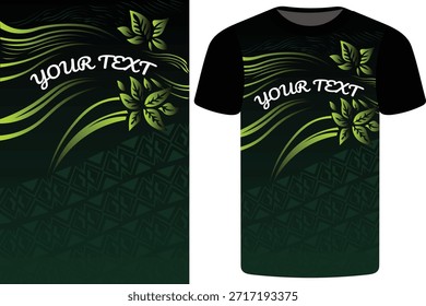 Diseño vibrante de la camiseta de la hoja verde y de la línea ondulada con los acentos geométricos. Camiseta polinesia, Hawái, sudamericano, Fiyi, Vector de Plantilla de camiseta de isla, Vector de Jersey moderno, fondo de moda deportiva, Jersey inspirado en tatuajes tribales, jersey único para estilo polinesio, vestido de club, moda deportiva moderna, fondo deportivo.
