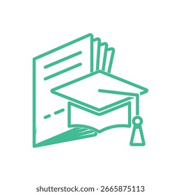 A vibrant green line art vector icon depicting a graduation cap resting on an open book, symbolizing learning and academic achievement.