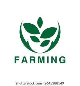 A vibrant green logo featuring stylized leaves within a circular, embracing shape, symbolizing growth, nature, and agricultural practices, with the word "FARMING" prominently displayed below.