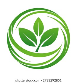 A vibrant green logo featuring three stylized leaves at its core, encircled by dynamic, swirling green lines, symbolizing nature, growth, and environmental harmony.