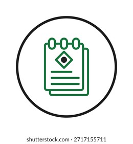 Un cuaderno verde vibrante con una marca distintiva de diamante se destaca dentro de un marco circular negro audaz, que simboliza recordatorios, Elementos de diseño y comunicación eficiente, presentando un ícono para