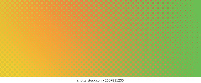 Vibrant green and orange background with a gradient effect, featuring halftone dotted texture. The green and orange background is dynamic and lively. Minimal halftone vector gradient background