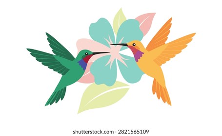Vibrant green and orange hummingbirds hover gracefully around a soft teal tropical flower in full bloom.