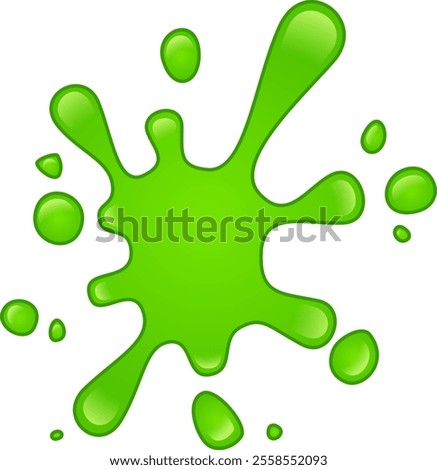 Vibrant green paint is splashing dynamically against a clean white backdrop, creating an energetic and eye catching visual effect with its glossy texture and fluid shape