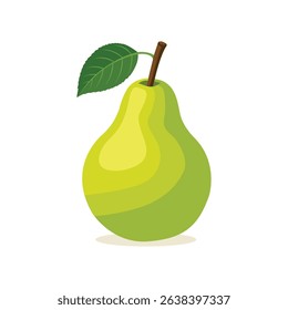  A vibrant green pear with a single leaf and stem, ripe and fresh.