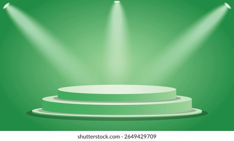 Vibrant green podium background featuring round stage and glowing spotlights ideal for product displays, presentations, advertising, banners, posters, and digital design projects