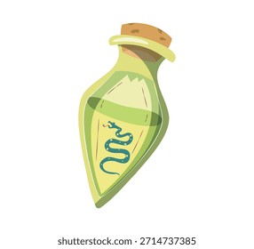 Botella de poción verde vibrante con tapa de corcho e ilustración de emblema de serpiente diseño de fantasía de obras de arte estilizado