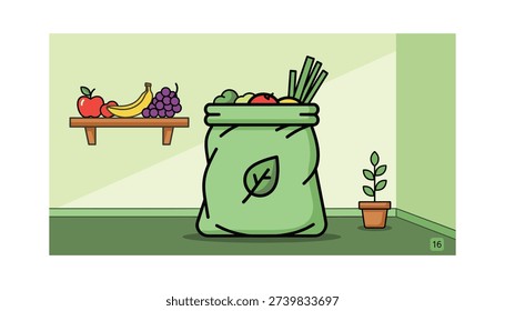 Vibrant green reusable bag filled with fresh produce and healthy food