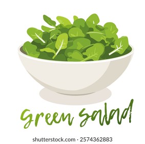 Vibrant green salad isolated on white icon for eco-themed designs and cooking projects. Fresh leafy greens in a white bowl vector illustration raw healthy element. Eco-friendly and appetizing image