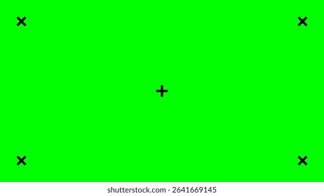 Vibrant green screen background with clear black tracking markers, ready for professional chroma keying. Ideal for video editing, visual effects, or replacing digital content in post production