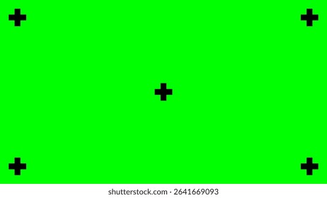 Vibrant green screen background with essential black tracking markers, ready for chroma key compositing. Ideal for video production, special effects, or digital display replacement