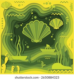 Vibrant Green Seashell Paper Cut Art Underwater Scene Illustration