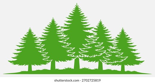 Silueta verde vibrante de cinco pinos seguidos, que evoca el bosque, la naturaleza y el respeto al medio ambiente. Ideal para logotipos ambientales, viajes, camping o marca de energía verde