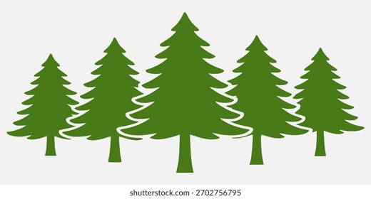 Vibrante silueta verde de cinco pinos seguidos. Simboliza la selva, la naturaleza, el respeto al medio ambiente o las Navidades. Ideal para logotipos ambientales, viajes y marca verde