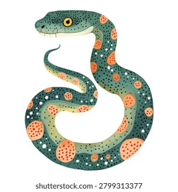 Vibrant green snake with orange spots curled up