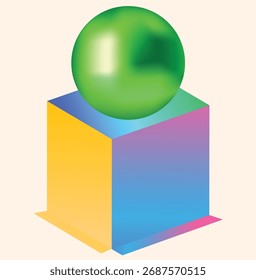 Una esfera verde vibrante equilibrada en un cubo con un gradiente colorido.