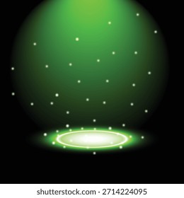 Vibrant green stage spotlight illuminates an ethereal scene. Sparkling particles fall through light, highlighting a bright glowing circle on floor. Ideal for abstract design.