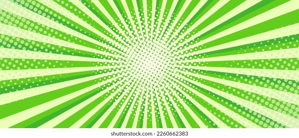Vibrant Green Sunburst Background. Comic halftone style Radial geometric vector Illustration