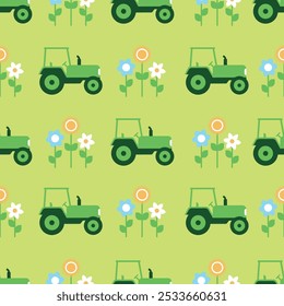 A vibrant Green Tractor Pattern adorned with beautiful Flowers set against a Bright Background