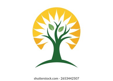A vibrant green tree with leaves stands tall against a bright yellow sunburst background. The logo symbolizes growth, nature, and positivity, perfect for environmental or wellness brands.