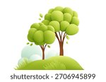Vibrant green trees cluster on rolling hills with soft clouds in a bright playful vector illustration background, ideal for nature lifestyle and eco branding.