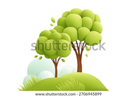 Vibrant green trees cluster on rolling hills with soft clouds in a bright playful vector illustration background, ideal for nature lifestyle and eco branding.