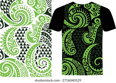 Diseño de camiseta de patrón tribal verde vibrante, Hawái, América del Sur, Fiyi, Vector de Plantilla de camiseta de isla con flujo tribal verde con motivos de hojas orgánicas, Vector de Jersey moderno, fondo de moda deportiva, Jersey inspirado en tatuajes tribales, Jersey único para estilo polinesio, vestido de club, moda deportiva moderna, fondo deportivo.