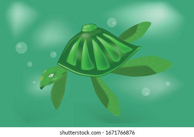 Vibrant green turtle swimming in water with bubbles