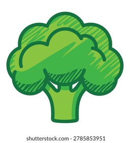 A vibrant green vector icon of a broccoli floret featuring a hand drawn sketchy texture and bold outline isolated on a white background