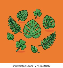 Ilustração vetorial verde vibrante de folhas variadas, incluindo monstros tropicais, frondes delicadas de samambaias e trevo da sorte, com contornos escuros distintos.