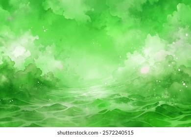 Vibrant green watercolor, abstract landscape, soft clouds, serene atmosphere, nature background, calming scenery.