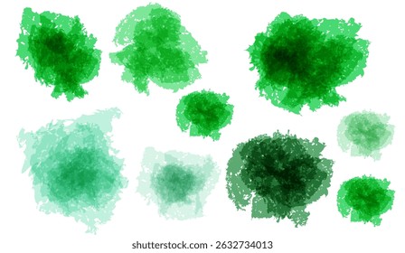 Vibrant Green Watercolor Blots on White: Abstract Artistic Design Elements for Creative Projects, Emphasizing a Fresh and Organic Feel in Digital Art and Design