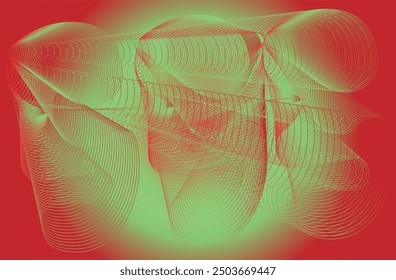 Vibrant green waveforms intertwine over a bold red background, creating a striking abstract composition. The dynamic curves and contrasting colors evoke energy and intensity, ideal for modern digital 