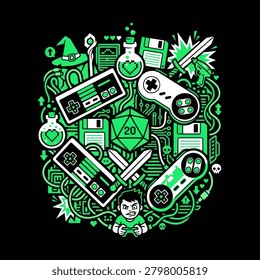 A vibrant green and white flat illustration featuring vintage video game controllers floppy disks a twenty sided die swords and magic potions in a circular composition.