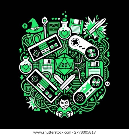 A vibrant green and white flat illustration featuring vintage video game controllers floppy disks a twenty sided die swords and magic potions in a circular composition.