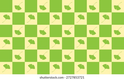 Um padrão verde vibrante e amarelo xadrez com folhas de ginkgo estilizadas, criando um design de fundo fresco e natural adequado para várias aplicações.