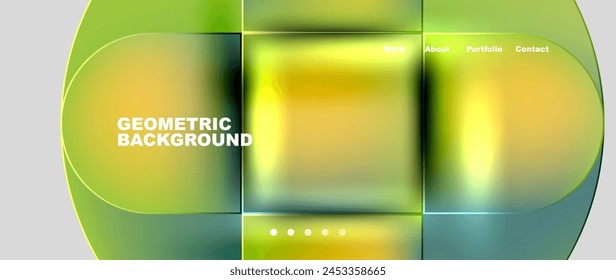 A vibrant green and yellow fluid geometric background featuring rectangles and circles. The design includes tints and shades creating a visually appealing pattern resembling a modern publication font