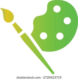 A vibrant green and yellow gradient icon depicts an artist's paintbrush and a paint palette with five white paint blobs, symbolizing creativity and art.